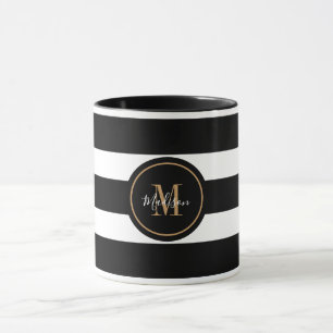 Elegantes Monogramm für Schwarz-Weiß-Streifen Tasse