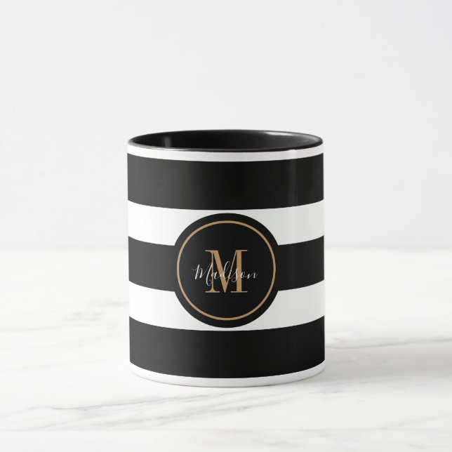 Elegantes Monogramm für Schwarz-Weiß-Streifen Tasse (Zentrum)