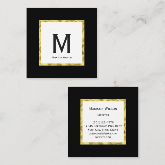 Elegantes Monogramm für Schwarz-weiß- und Goldname Quadratische Visitenkarte (Vorne/Hinten)