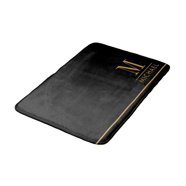 Elegantes Monogramm Gold Name Schwarz Badematte (Schrägansicht)