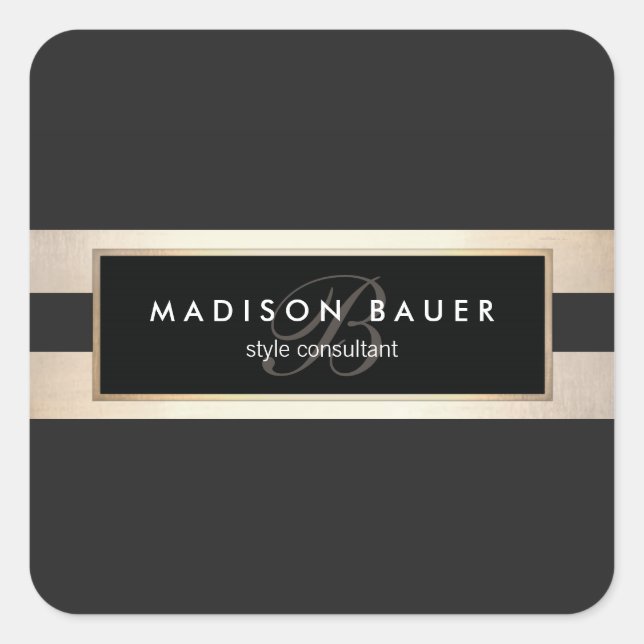 Elegantes Monogramm Gold und schwarz gestreift Quadratischer Aufkleber (Vorderseite)