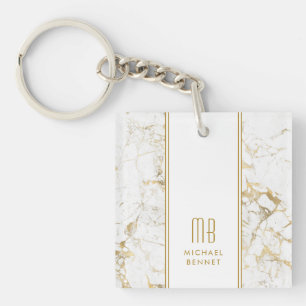 Elegantes Monogramm Gold Weißer Marmor Schlüsselanhänger