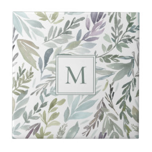 Elegantes Monogramm Grün Blau Botanische Wasserfar Fliese