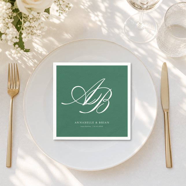 Elegantes Monogramm Grüne Hochzeit  Serviette (Elegant Monogram Green Wedding Napkins)