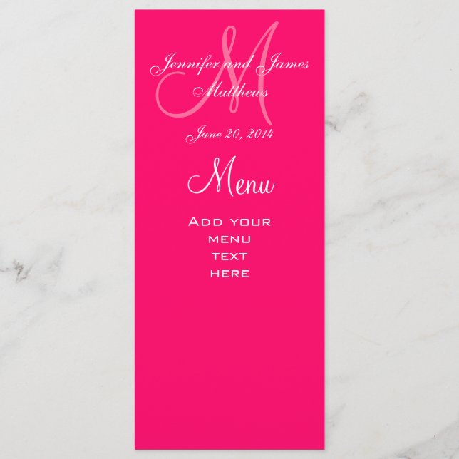 Elegantes Monogramm-Hochzeits-Menü kardiert Pink Menükarte (Vorderseite)