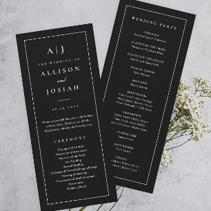 Elegantes Monogramm-Hochzeitsprogramm in Schwarz u Einladung
