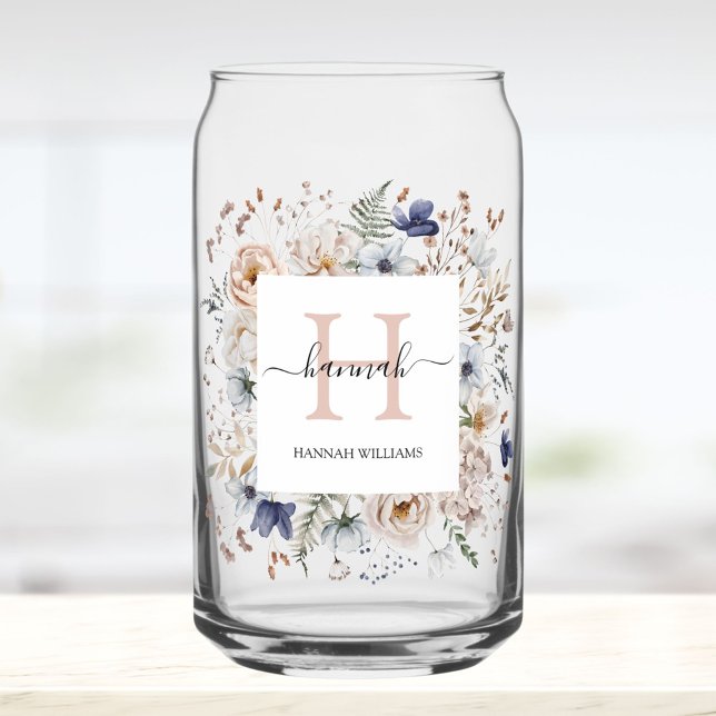 Elegantes Monogramm Hübsche Beige Blaue Blumen Flo Dosenglas (In situ)