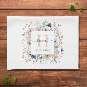 Elegantes Monogramm Hübsche Beige Blaue Blumen Flo Geschirrtuch