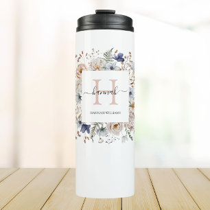 Elegantes Monogramm Hübsche Beige Blaue Blumen Flo Thermosbecher