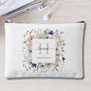 Elegantes Monogramm Hübsche Beige Blaue Blumen Flo Zubehörtasche