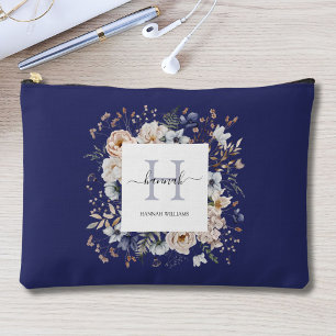 Elegantes Monogramm Hübsche Beige Blaue Blumen Flo Zubehörtasche