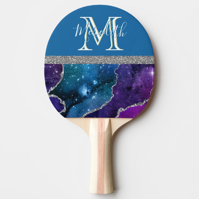 Elegantes Monogramm I Lila Aquamarin Agate Silver  Tischtennis Schläger (Vorderseite)