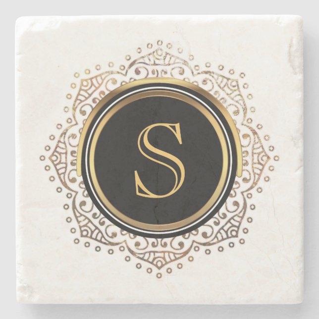 Elegantes Monogramm-Initiale| Chic-Gold mit Steinuntersetzer (Vorderseite)