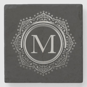 Elegantes Monogramm-Initialen-Schwarz-Silber mit Steinuntersetzer