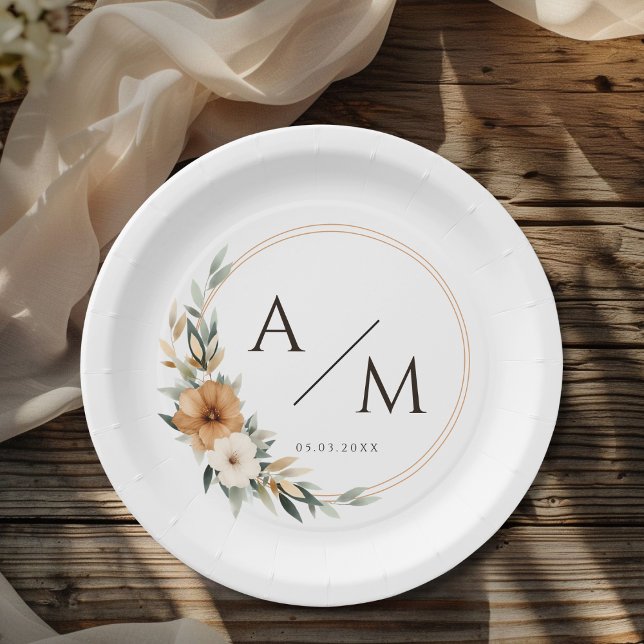Elegantes Monogramm Kupfer Erdige Botanische Hochz Pappteller (Elegant Monogram Copper Earthy Botanical Wedding Paper Plates)