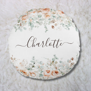 Elegantes Monogramm Landrosen-Blumen-Grün Rundes Kissen