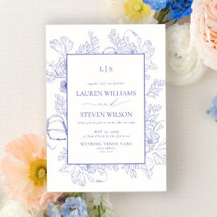 Elegantes Monogramm Lavendel Blumen Line Art Hochz Einladung