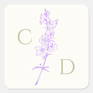 Elegantes Monogramm Lavendel-Rittersporn-Blumenmus Quadratischer Aufkleber