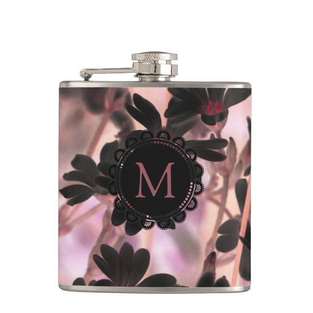 Elegantes Monogramm lila Blumen Flachmann (Vorderseite)