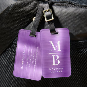 Elegantes Monogramm Lila Gebürstet Metallisch Gepäckanhänger