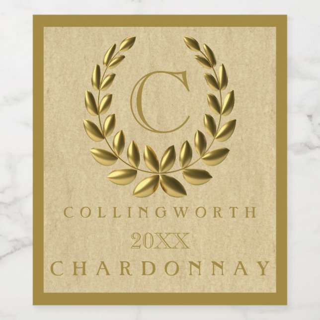 Elegantes Monogramm mit goldenem Laurel-Kranz Weinetikett (Einzelnes Label)