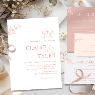 Elegantes Monogramm Modernes Blush Pink, Peach Wed Einladung