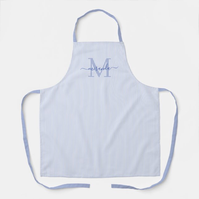 Elegantes Monogramm-Name Blau gestreift Schürze (Vorderseite)