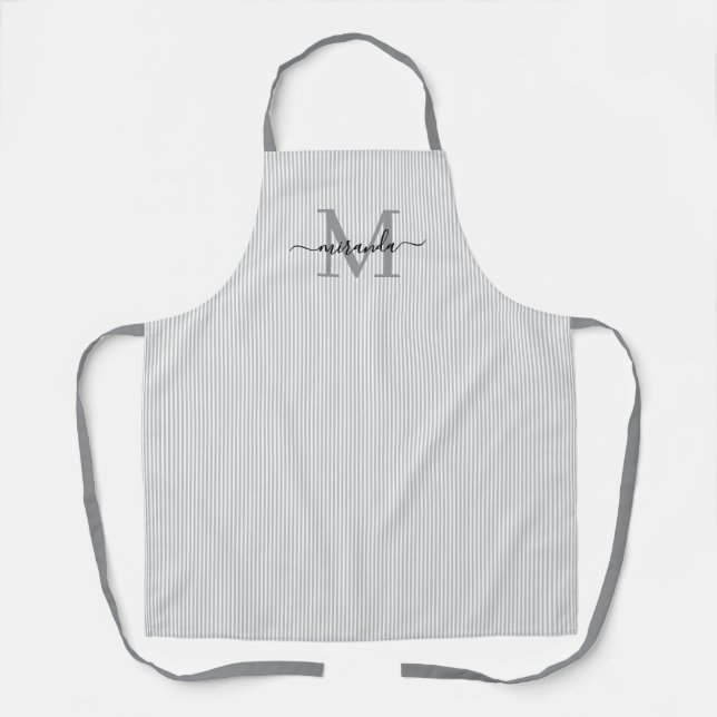 Elegantes Monogramm-Name Graustreifen Schürze (Vorderseite)