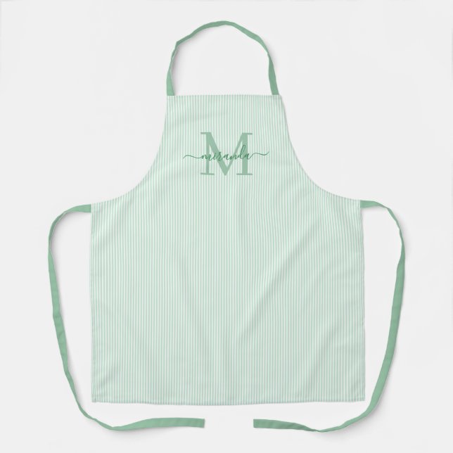 Elegantes Monogramm-Name Grün gestreift Schürze (Vorderseite)