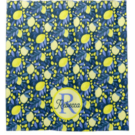 Elegantes Monogramm Name Rustikal Citrus Lemons Bl Duschvorhang
