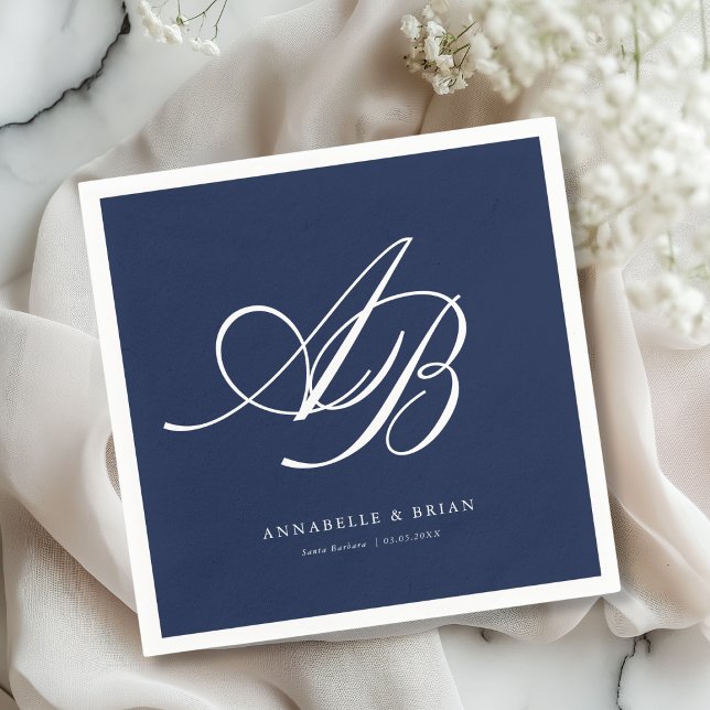 Elegantes Monogramm Navy Blau Hochzeit  Serviette (Elegant Monogram Navy Blue Wedding Napkins)