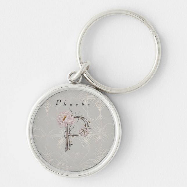 Elegantes Monogramm P: Peonies, Baumrinde und Rebe Schlüsselanhänger (Vorne)