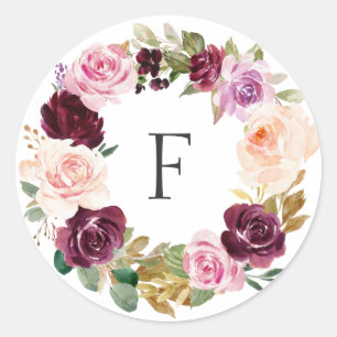 Elegantes Monogramm Pflaume Lila Herbst Blumenhoch Runder Aufkleber