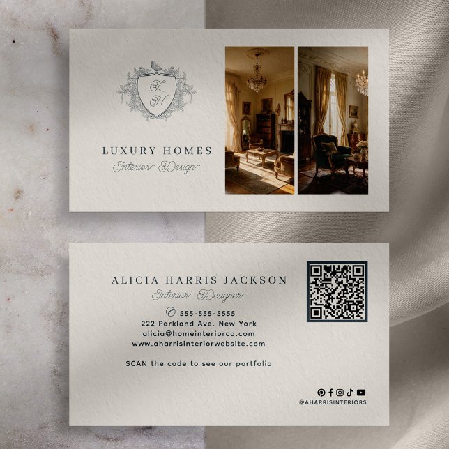 Elegantes Monogramm-QR-Code Inneneinrichter Visitenkarte (Von Creator hochgeladen)