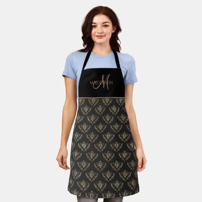 Elegantes Monogramm, Queen Bee, Schwarz mit Gold Schürze (Getragen)