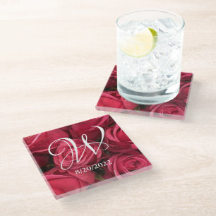 Elegantes Monogramm Rosa Rosen Florales Glasunters Glasuntersetzer