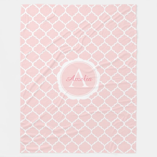 Elegantes Monogramm rosa weißes Muster Fleecedecke (Vorderseite)