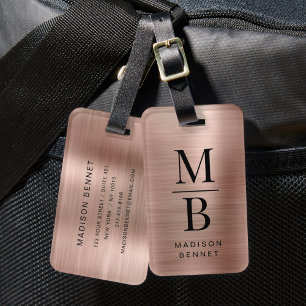 Elegantes Monogramm Roségold gebürstet Metallisch Gepäckanhänger
