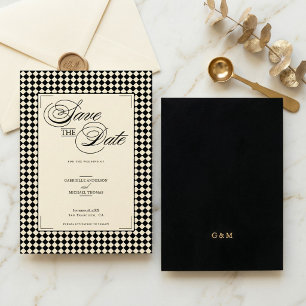 Elegantes Monogramm Schwarz Creme Schachbrettmuste Save The Date