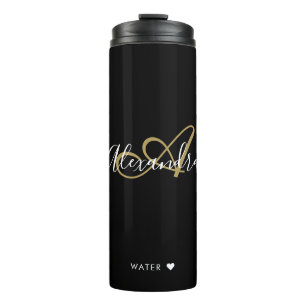 Elegantes Monogramm Schwarz Gold Chic Schrift Name Thermosbecher