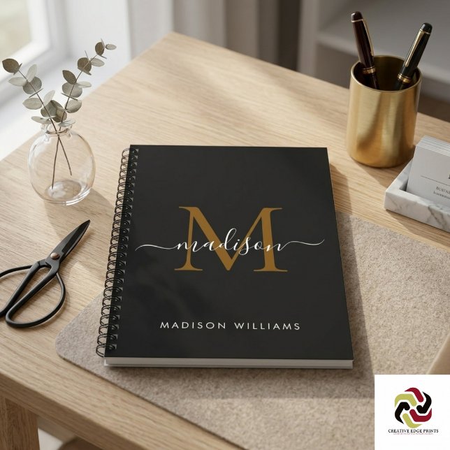 Elegantes Monogramm Schwarz Gold Schrift Büro Schu Notizblock (Elegant Monogram Black Gold Script Office School Notebook
)