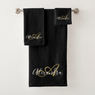 Elegantes Monogramm Schwarz Gold Schrift Name Badhandtuch Set
