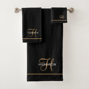 Elegantes Monogramm Schwarz Gold Schrift Name Badhandtuch Set