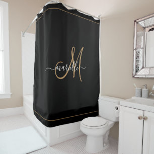 Elegantes Monogramm Schwarz Gold Schrift Name Duschvorhang
