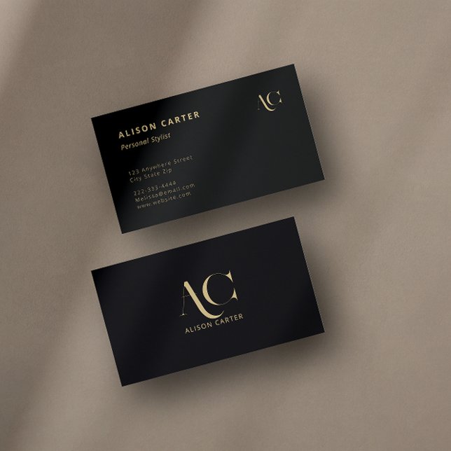 Elegantes Monogramm Schwarz und Gold | Moderner Mi Visitenkarte (A black and gold business card with an elegant monogram design.)