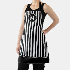 Elegantes Monogramm, schwarz und weiß gestreift Schürze