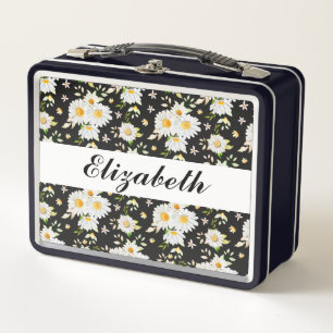 Elegantes Monogramm Schwarz-Weiß-Daisy-Muster   Metall Brotdose