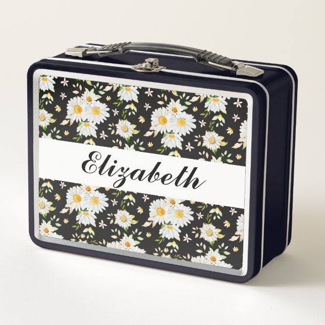 Elegantes Monogramm Schwarz-Weiß-Daisy-Muster   Metall Brotdose (Vorderseite)