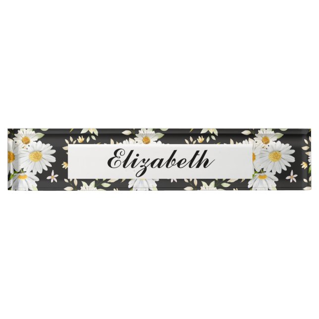 Elegantes Monogramm Schwarz-Weiß-Daisy-Muster   Namensplakette (Vorderseite)