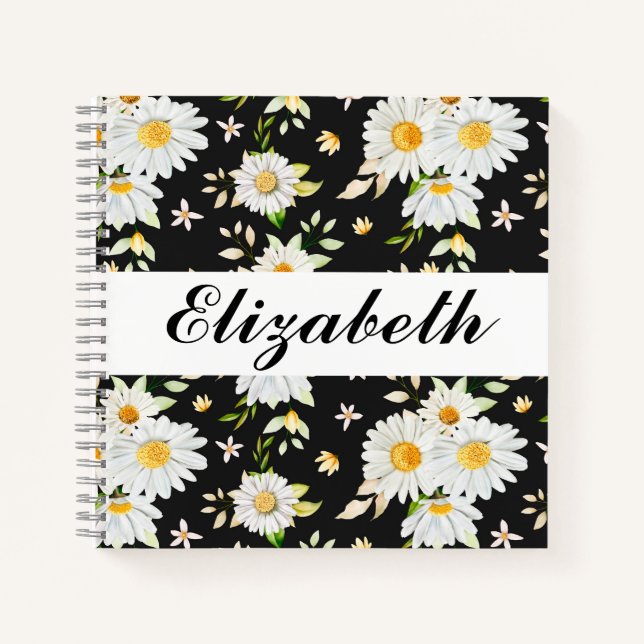 Elegantes Monogramm Schwarz-Weiß-Daisy-Muster  Notizbuch (Vorderseite)
